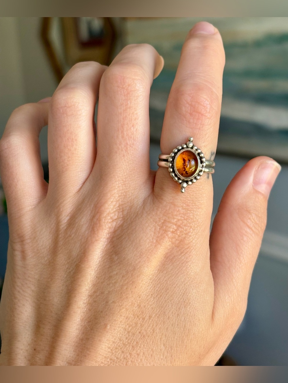 Sterling Silver and Amber Ring, Size 8